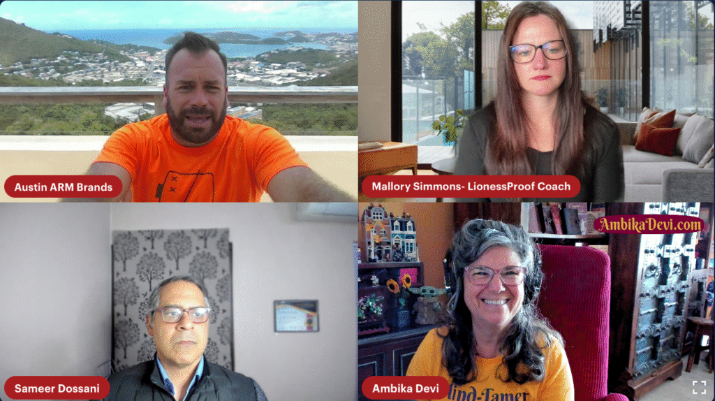 Ambika Devi glowing with golden light during a livestream health panel, surrounded by grayscale co-panelists; a striking contrast of vibrance and mood as she shares insights on holistic healing and gut harmony.