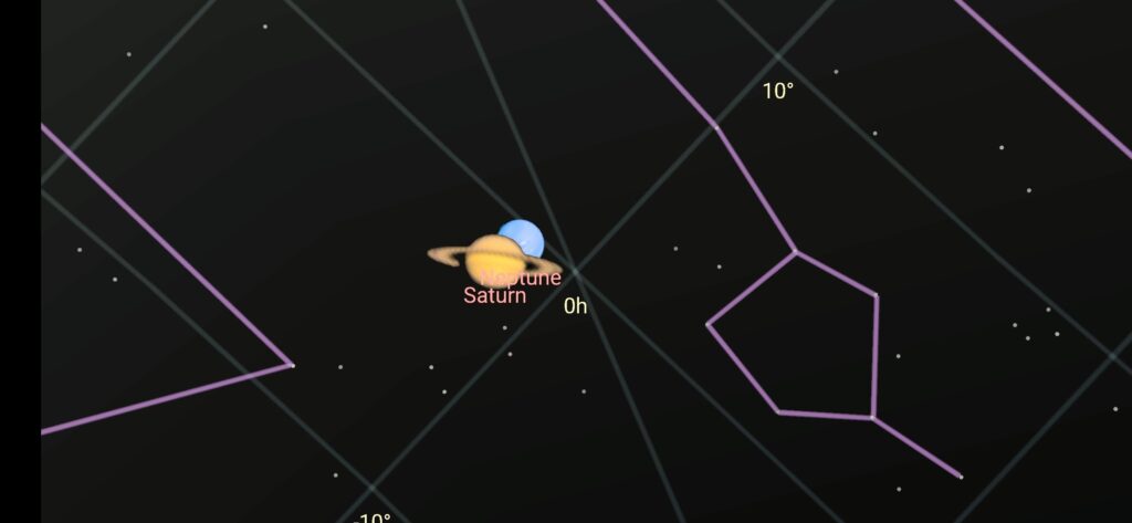 Digital star map showing Saturn and Neptune in the western sky before dawn on July 30, 2025—shared by astrologer Ambika Devi as part of a reflection on transits and timing