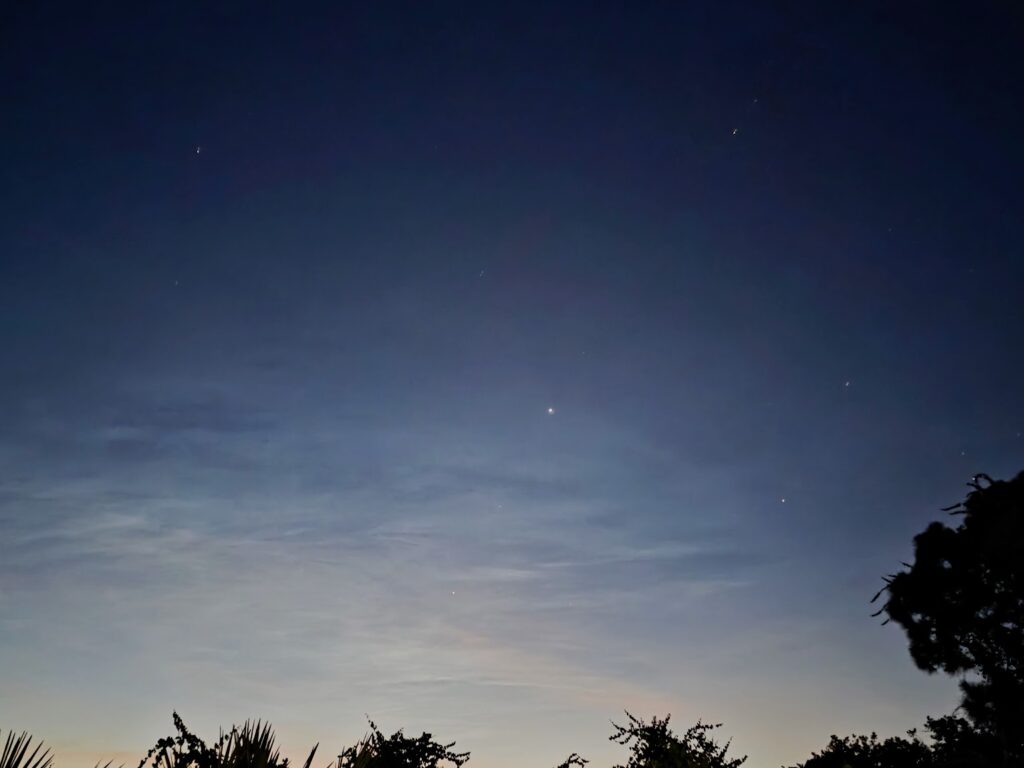 Venus and Jupiter shining brightly in the dawn sky above Florida on July 30, 2025—captured by astrologer Ambika Devi as part of a devotional reflection on trust, timing, and planetary transits